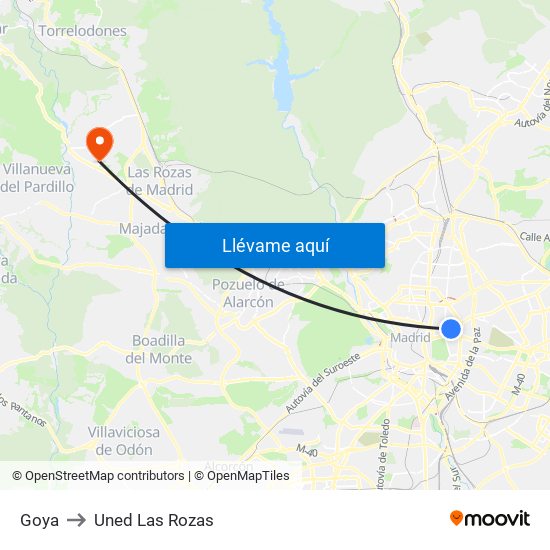 Goya to Uned Las Rozas map