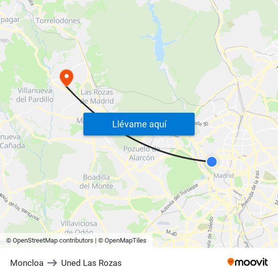 Moncloa to Uned Las Rozas map