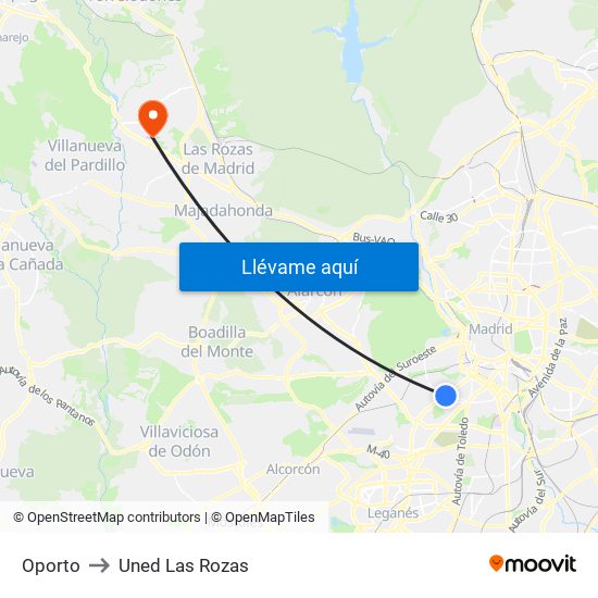 Oporto to Uned Las Rozas map