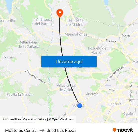 Móstoles Central to Uned Las Rozas map