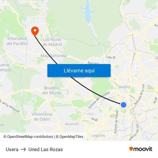 Usera to Uned Las Rozas map