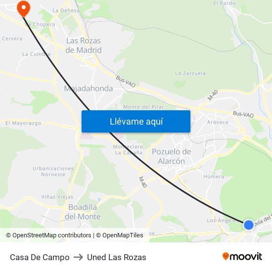 Casa De Campo to Uned Las Rozas map