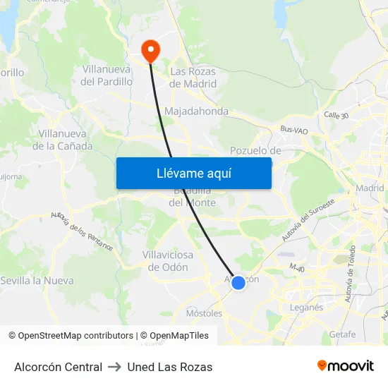 Alcorcón Central to Uned Las Rozas map