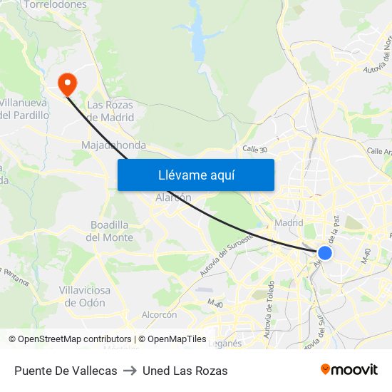 Puente De Vallecas to Uned Las Rozas map