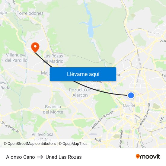 Alonso Cano to Uned Las Rozas map