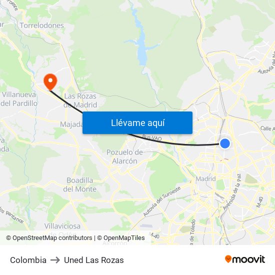 Colombia to Uned Las Rozas map