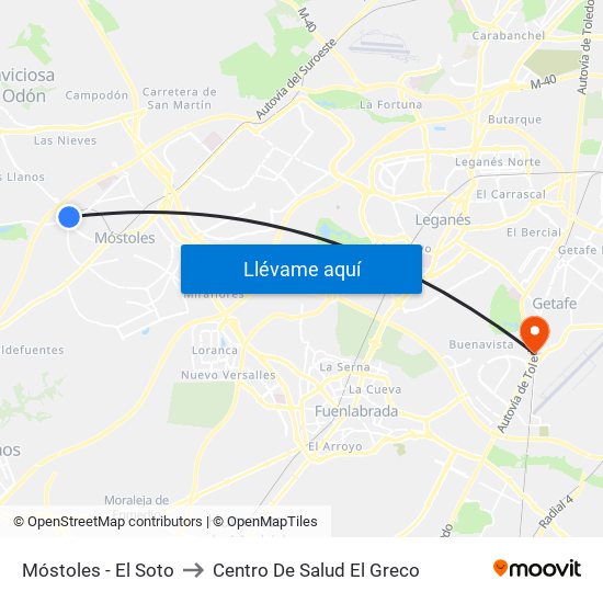 Móstoles - El Soto to Centro De Salud El Greco map