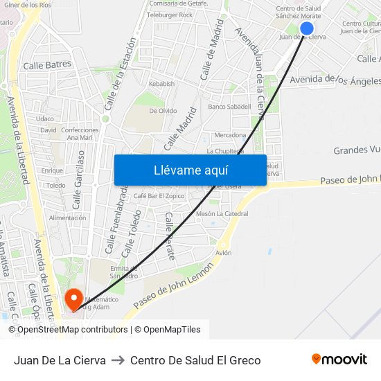Juan De La Cierva to Centro De Salud El Greco map
