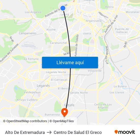 Alto De Extremadura to Centro De Salud El Greco map