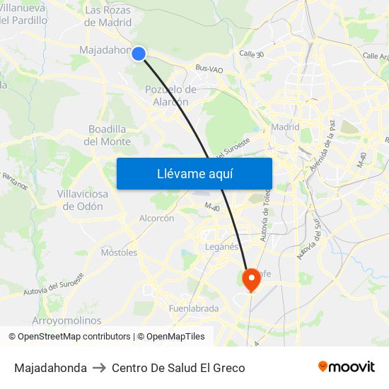 Majadahonda to Centro De Salud El Greco map
