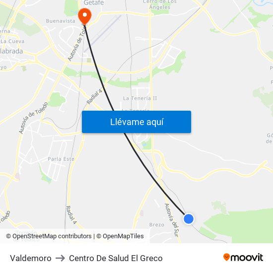 Valdemoro to Centro De Salud El Greco map