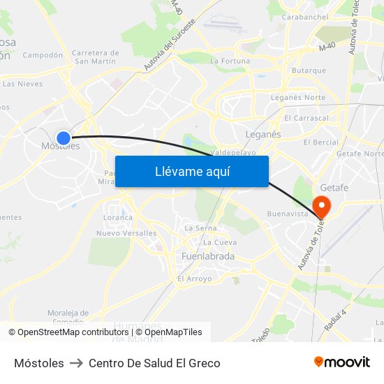 Móstoles to Centro De Salud El Greco map