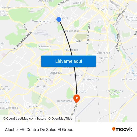 Aluche to Centro De Salud El Greco map