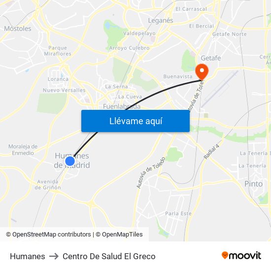 Humanes to Centro De Salud El Greco map
