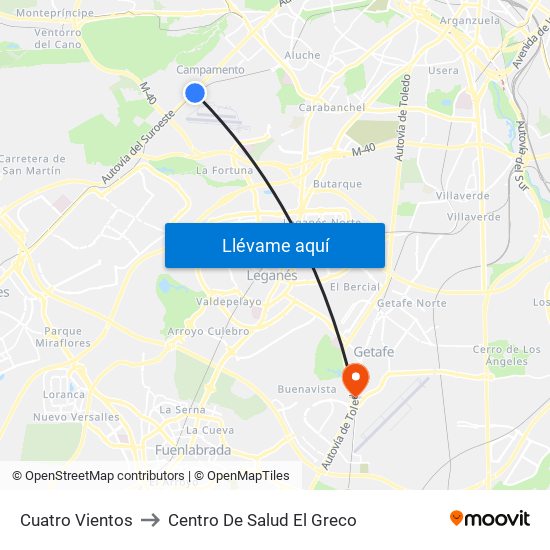 Cuatro Vientos to Centro De Salud El Greco map
