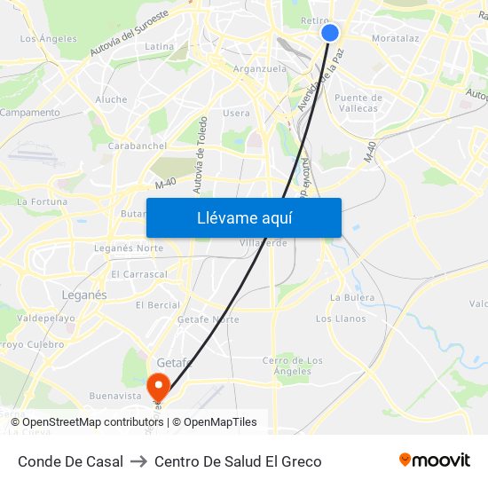 Conde De Casal to Centro De Salud El Greco map