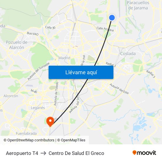 Aeropuerto T4 to Centro De Salud El Greco map