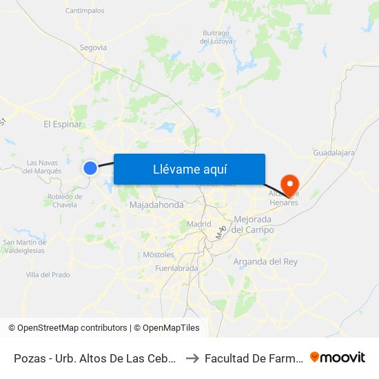 Pozas - Urb. Altos De Las Cebadillas to Facultad De Farmacia map