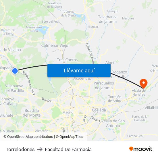 Torrelodones to Facultad De Farmacia map