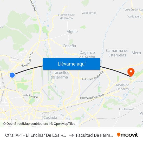 Ctra. A-1 - El Encinar De Los Reyes to Facultad De Farmacia map
