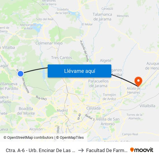 Ctra. A-6 - Urb. Encinar De Las Rozas to Facultad De Farmacia map