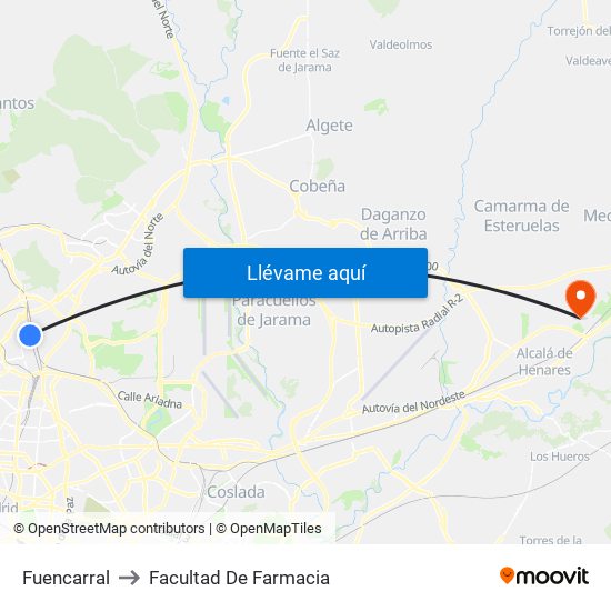 Fuencarral to Facultad De Farmacia map