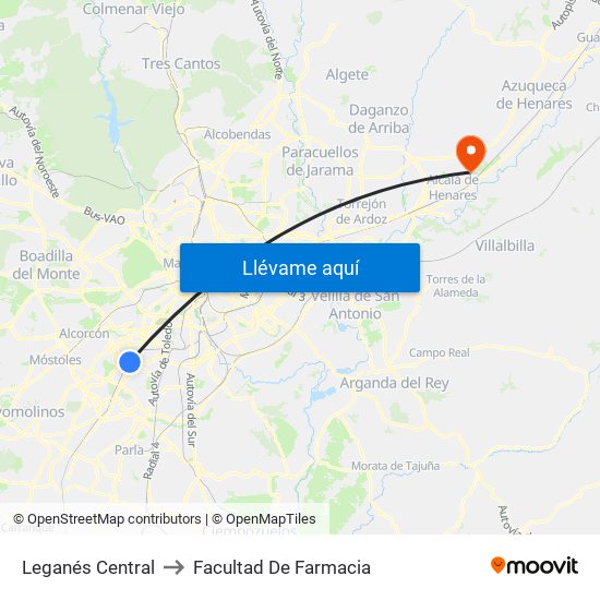 Leganés Central to Facultad De Farmacia map