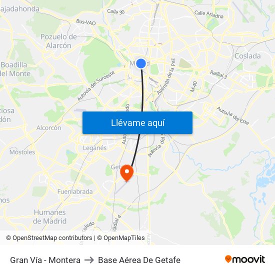 Gran Vía - Montera to Base Aérea De Getafe map