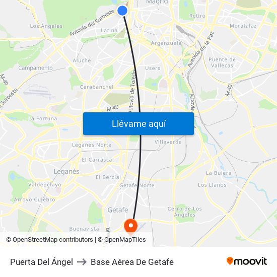 Puerta Del Ángel to Base Aérea De Getafe map