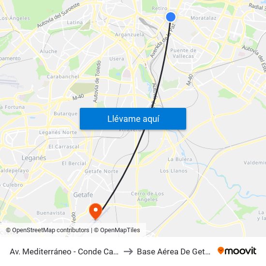 Av. Mediterráneo - Conde Casal to Base Aérea De Getafe map