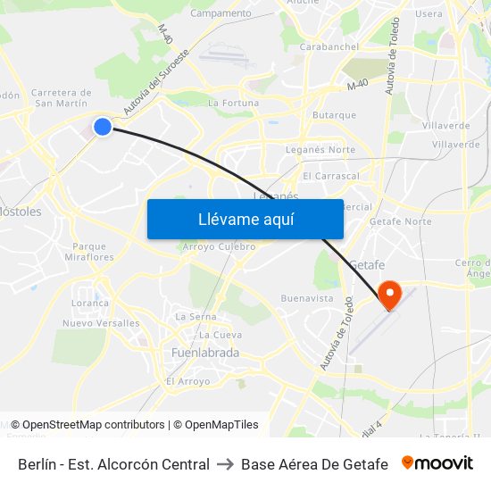 Berlín - Est. Alcorcón Central to Base Aérea De Getafe map