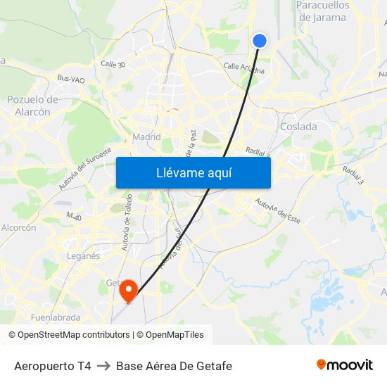 Aeropuerto T4 to Base Aérea De Getafe map