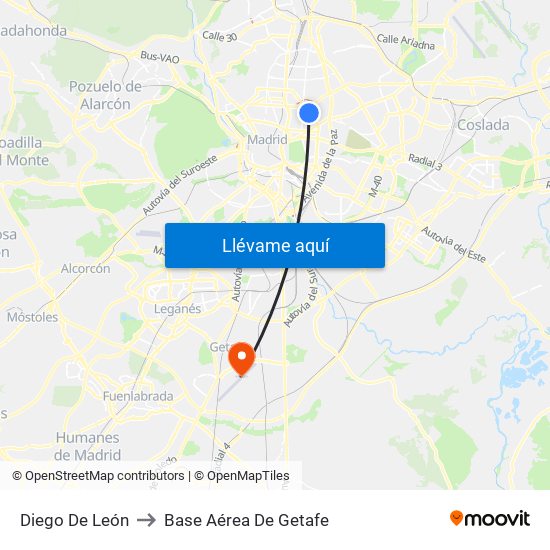Diego De León to Base Aérea De Getafe map