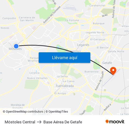Móstoles Central to Base Aérea De Getafe map