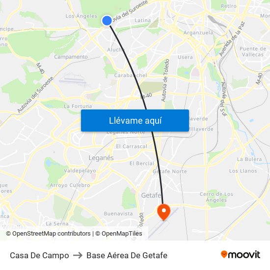 Casa De Campo to Base Aérea De Getafe map