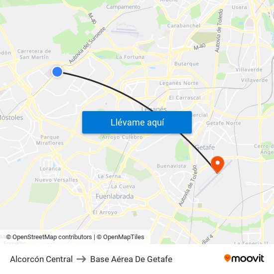 Alcorcón Central to Base Aérea De Getafe map