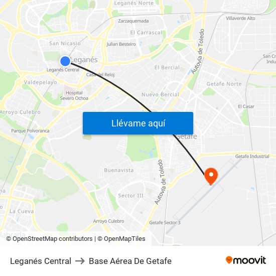 Leganés Central to Base Aérea De Getafe map