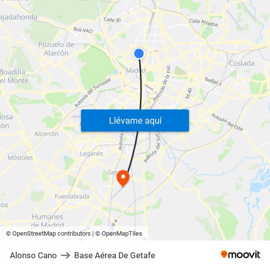 Alonso Cano to Base Aérea De Getafe map