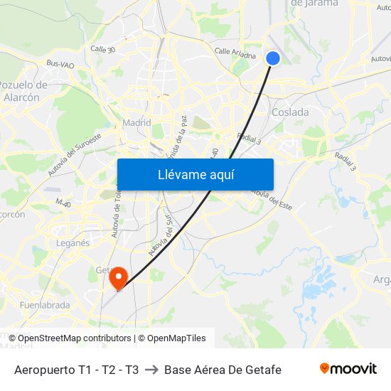 Aeropuerto T1 - T2 - T3 to Base Aérea De Getafe map