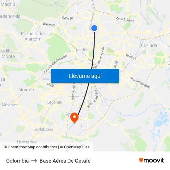 Colombia to Base Aérea De Getafe map