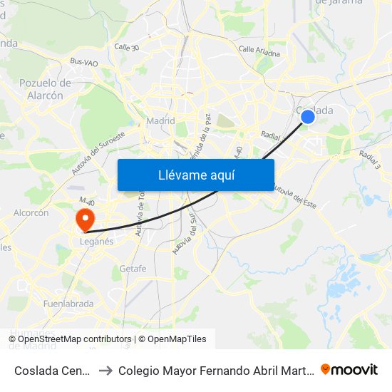 Coslada Central to Colegio Mayor Fernando Abril Martorell map
