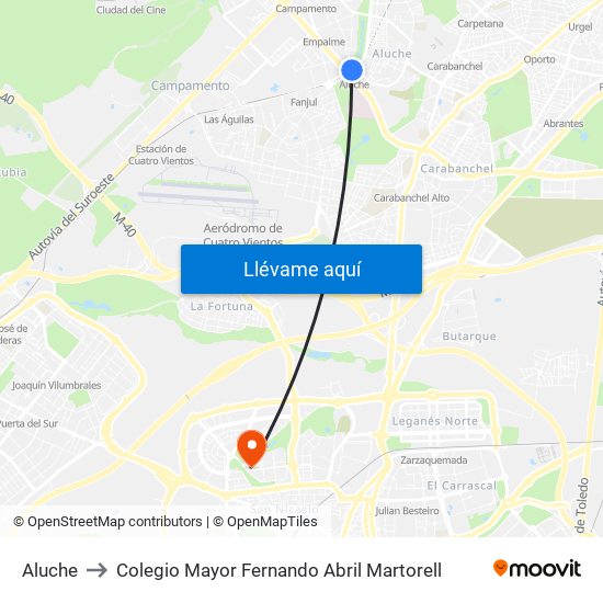 Aluche to Colegio Mayor Fernando Abril Martorell map