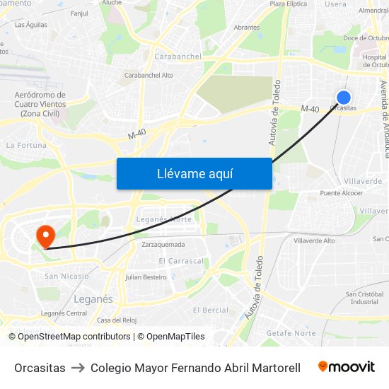 Orcasitas to Colegio Mayor Fernando Abril Martorell map