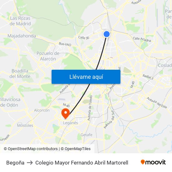 Begoña to Colegio Mayor Fernando Abril Martorell map
