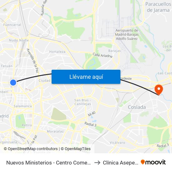 Nuevos Ministerios - Centro Comercial to Clínica Asepeyo map