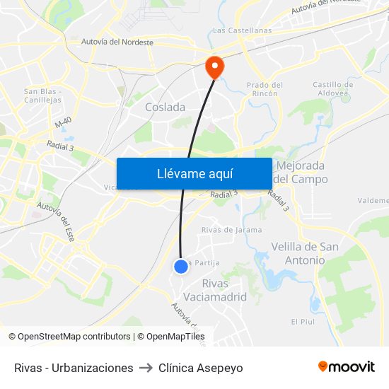 Rivas - Urbanizaciones to Clínica Asepeyo map