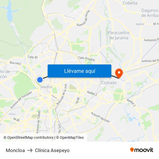 Moncloa to Clínica Asepeyo map