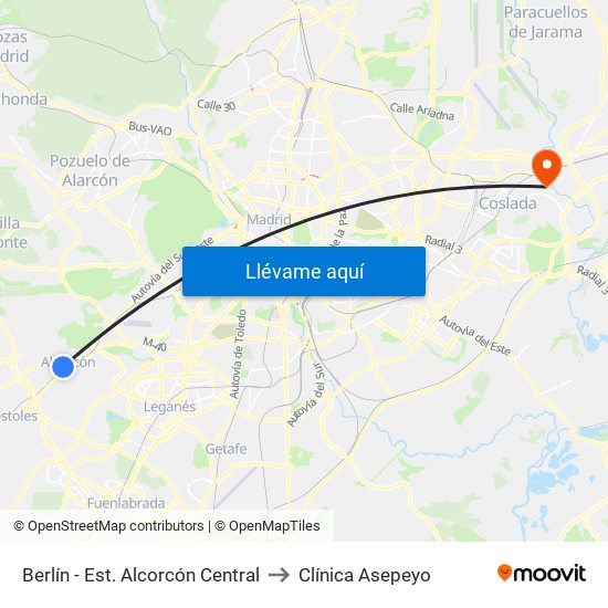 Berlín - Est. Alcorcón Central to Clínica Asepeyo map