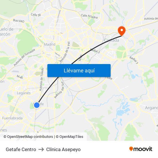Getafe Centro to Clínica Asepeyo map