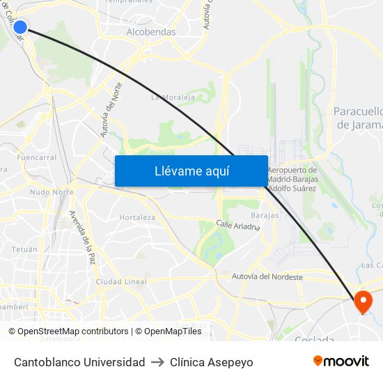Cantoblanco Universidad to Clínica Asepeyo map